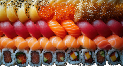 Sushi Assortment: A mouthwatering selection of freshly made sushi rolls and nigiri, expertly arranged to showcase a variety of flavors and textures, appealing to food enthusiasts.