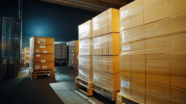 Stacked Cardboard Boxes on Pallet in Truck