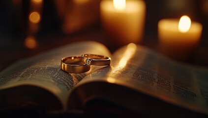 Golden Wedding Rings Rest on Holy Book Illuminated by Candlelight, Symbolizing Love and Commitment