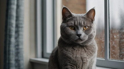 A gray British Shorthair cat with rich, golden brown eyes sits by a window. 