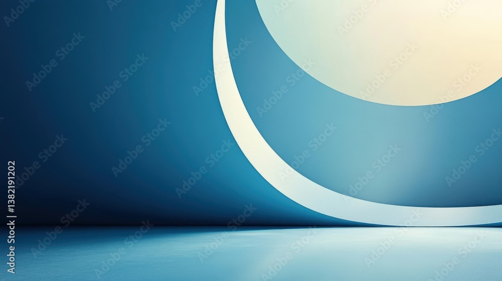 Poster abstract composition featuring a large, illuminated circle and curved line against a gradient blue b
