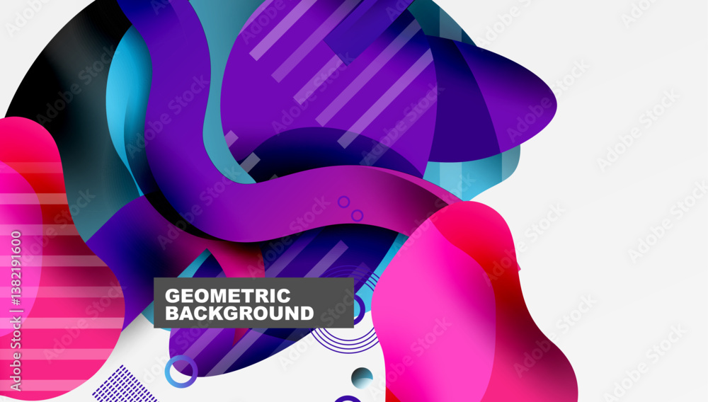 Poster abstract fluid shapes, vibrant colors, dynamic composition. purple, blue, pink gradients create mode