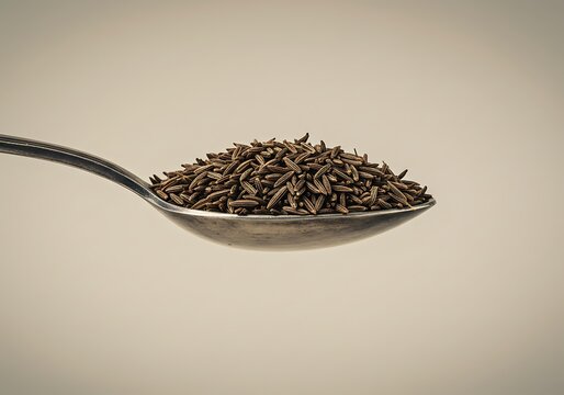 A spoonful of earthy cumin seeds, a warm brown hue against a soft beige backdrop, evoking a sense of rustic comfort and culinary simplicity.