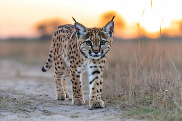 A serval kitten walks towards the camera on a dirt path at sunset