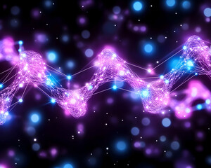 Obraz premium Abstract glowing purple and blue wave with interconnected nodes on dark background