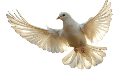 Obraz premium Soaring Serenity: A solitary dove glides gracefully against the sky, its pure white plumage radiating peace and hope, symbolizing tranquility and freedom. 