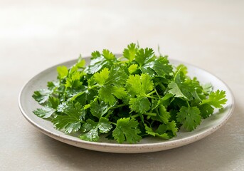 Fresh cilantro leaves, vibrant green and glistening with dew, resting on a simple off-white plate, a culinary delight ready to enhance any dish.