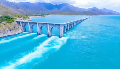 Obraz premium Aerial view of a long dam bridge over turquoise water, mountainous backdrop