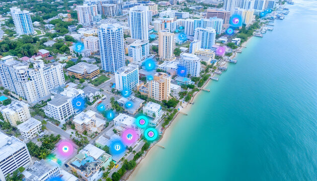 Aerial view of coastal city with digital overlays showing locations - Powered by Adobe