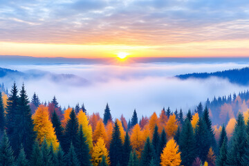 Autumn sunrise over fog-shrouded mountain forest