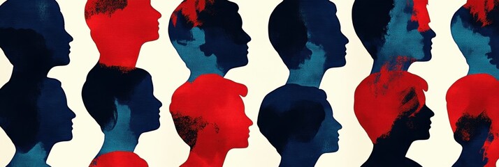 Artistic pattern of red and blue human profiles	