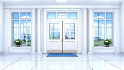 Fototapeta premium Bright, spacious entryway with double doors, large windows, and white columns