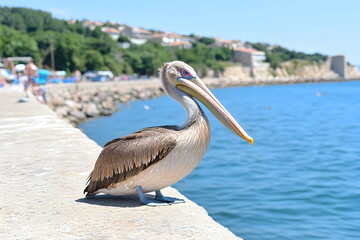 Brown pelican perched on a seaside wall, ocean background