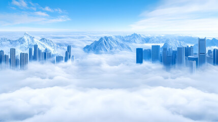 Cityscape above clouds, snow-capped mountains in background