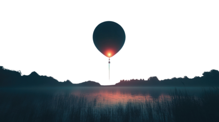 Floating Balloon's Dream: A serene image captures a solitary, dark balloon silhouetted against a dusky sky, its glow reflected in the tranquil water, symbolizing hope and aspiration.