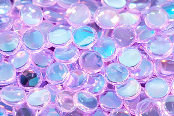 Close-up of iridescent, translucent purple and blue pebbles