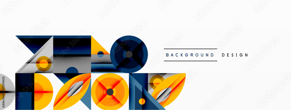 Poster abstract geometric composition. overlapping shapes create dynamic visual effect. blue, orange, gray 