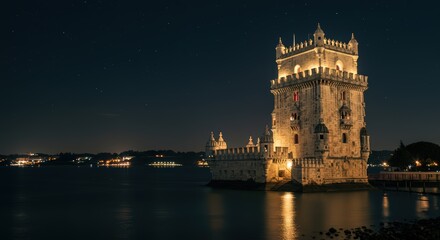 Fototapeta premium Bel?m Tower at Night: A Majestic Lisbon Landmark