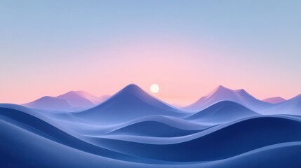 A serene landscape with rolling blue hills under a pastel sky, featuring a soft sunrise and tranquil atmosphere.