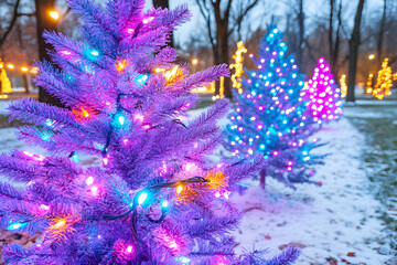 Colorful, illuminated artificial Christmas trees in a snowy park at twilight