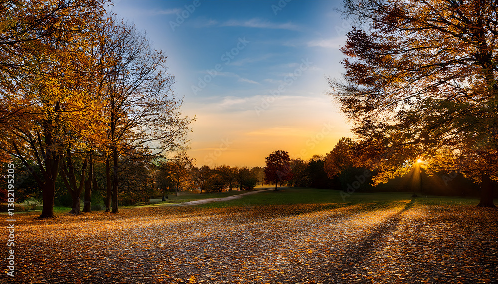 Aufkleber A serene landscape at sunset with trees lining a path covered in fallen leaves, creating a tranquil atmosphere