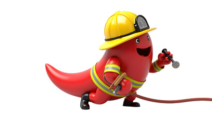 Cartoon Chili Pepper as Firefighter with Helmet and Hose