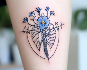 Delicate floral tattoo design featuring anatomical lungs and heartbeat