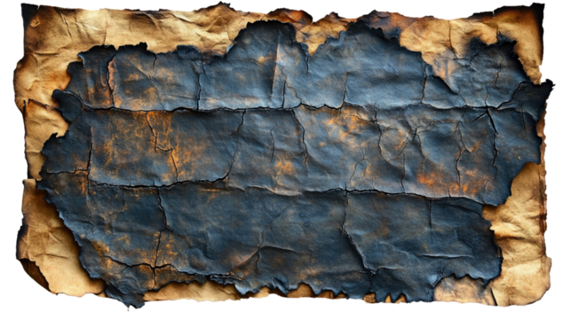 Burnt Parchment: A close-up shot of an antique piece of parchment reveals the effects of fire, with charred edges and areas of damage. The remnants of text are barely visible.