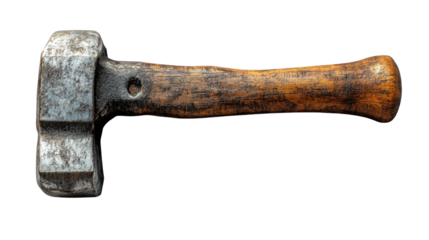 Ancient Sledgehammer's Texture: A weathered, robust sledgehammer, showcasing its aged metal head and worn wooden handle, speaks of industry, construction, and the strength of tools used over time. 