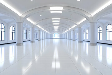 Elegant, long white hallway with arched ceilings, columns, and bright lighting