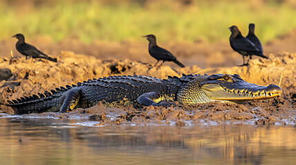 Fototapeta premium Underwater predator nile crocodile wildlife photography on riverbank with dramatic lighting