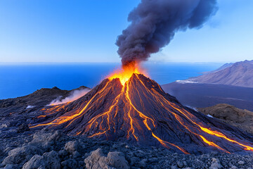 Erupting volcano spewing lava and smoke over ocean at dawn