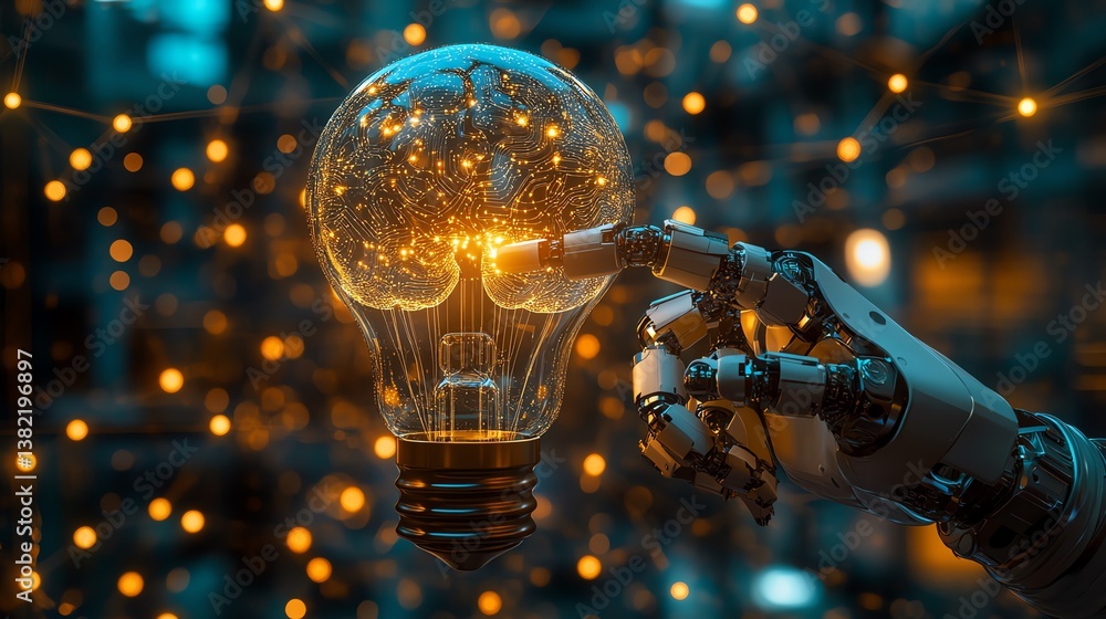 Poster Digital brain inside a radiant bulb connected by robotic and human hands across a data network grid