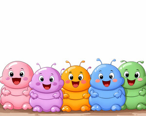 Obraz premium Five cheerful cartoon caterpillars in pink, purple, orange, blue, and green, lined up