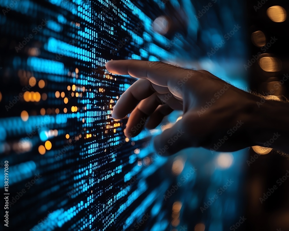 Leinwandbilder closeup of human hand interacting with a vertical digital wall of binary code