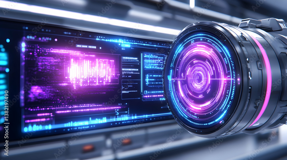 Wall mural futuristic camera lens with holographic display showing data