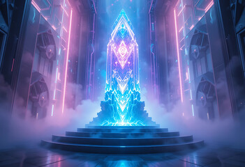 A futuristic cityscape illuminated by vibrant neon lights, featuring towering skyscrapers and a large, intricately designed statue at the center, casting a luminous glow.