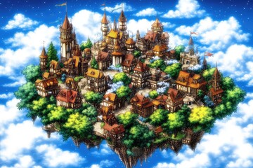 A medieval town floats among the clouds