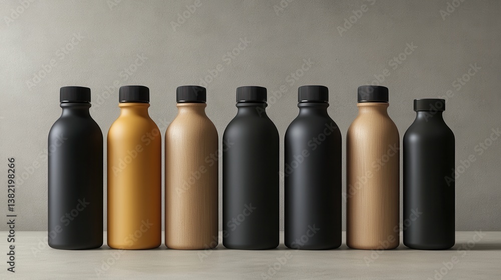 Poster a collection of sleek, modern bottles in various colors and materials arranged in a row against a ne