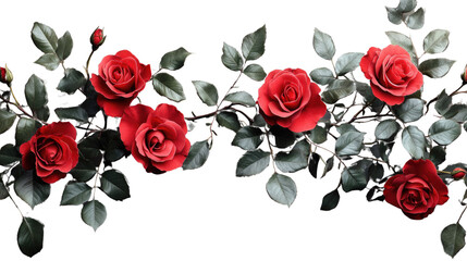 Scarlet Bloom Garland: An elegant arrangement of vibrant scarlet roses, interwoven with lush green leaves, creating a sense of romantic charm and timeless beauty.
