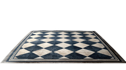 Elegant Geometric Rug: A close-up shot of a stylish rug showcases a classic diamond pattern, with the juxtaposition of dark blue and cream diamonds framed within an elegant border.