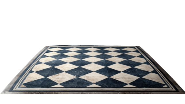 Elegant Geometric Rug: A close-up shot of a stylish rug showcases a classic diamond pattern, with the juxtaposition of dark blue and cream diamonds framed within an elegant border.
