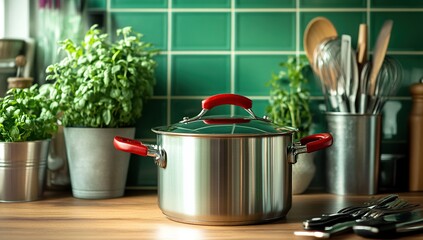 Stainless Steel Pot with Red Handles Sits on Kitchen Counter Amongst Herbs and Utensils