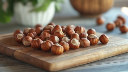 Fototapeta premium A warm and textural image of hazelnuts scattered across a wooden cutting board, with a focus on their natural beauty.