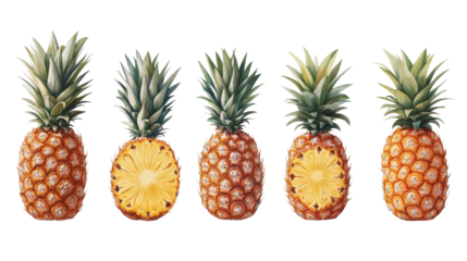 Tropical Temptation: A vibrant display of fresh pineapples, showcasing their golden exteriors and the juicy, inviting interior of a halved fruit.
