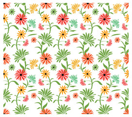 Beautiful flower colorful repeat print pattern of bright flowers displayed on a white background, creating a cheerful visual effect.
