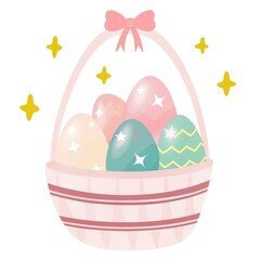 Easter basket celebratory. A pastel-colored Easter basket filled with decorated eggs and sparkling stars, symbolizing celebration and springtime joy. isolated on white background