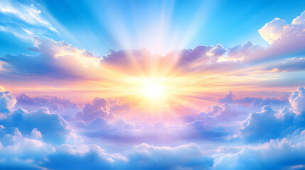 Obraz premium Heavenly sunrise with vibrant colors and dramatic light rays bursting through fluffy clouds