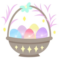 Easter basket celebratory. A decorative basket filled with colorful Easter eggs, surrounded by vibrant floral accents and a playful design. isolated on white background