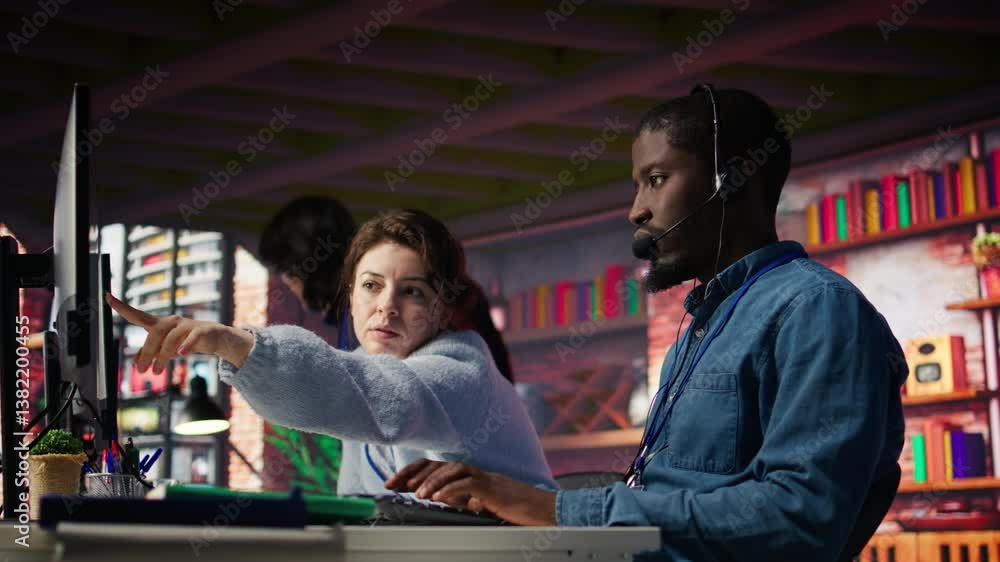 Poster call center manager supervising agent providing step by step guidance to customers. customer center 